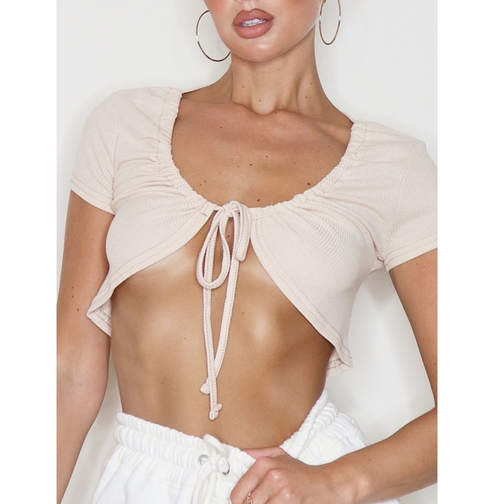 PLT Stone Ribbed Drawstring Tie Crop Top